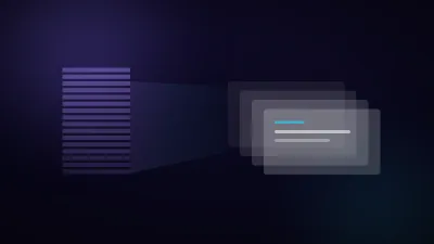 A dense stack of paper sheets fanning apart and widening into a row of slide-shaped panels, lit in violet against a dark background