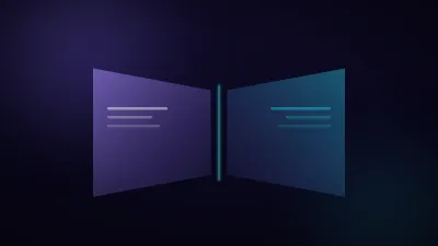Two angular planes of violet light leaning toward each other until their edges align, set against a near-black field
